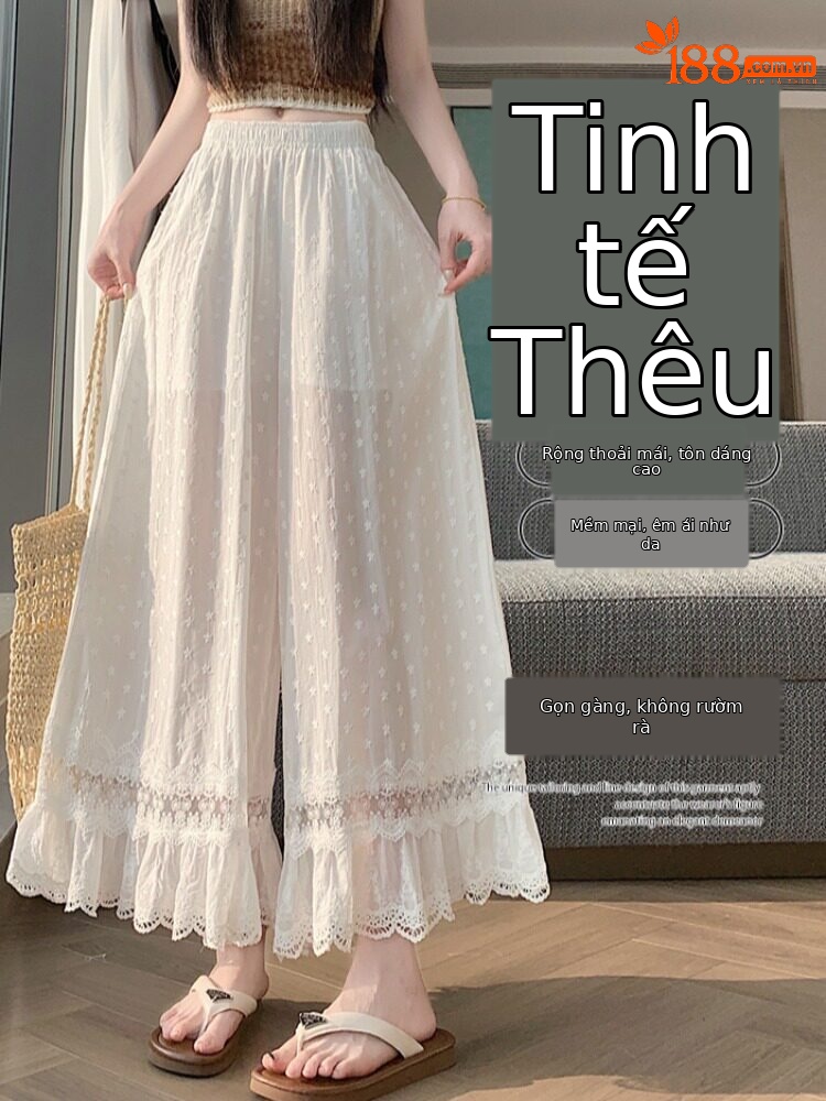 Quần culottes nữ ống rộng ren thêu rỗng cạp cao — màu trắng