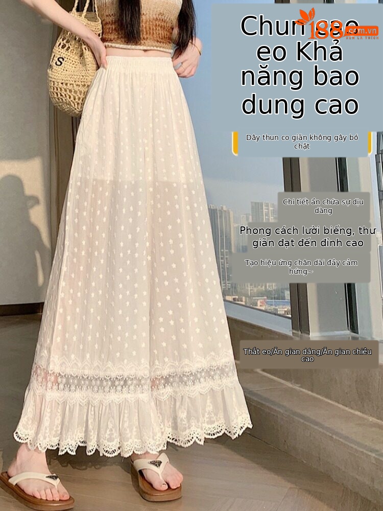 Quần culottes nữ ống rộng ren thêu rỗng cạp cao — màu trắng