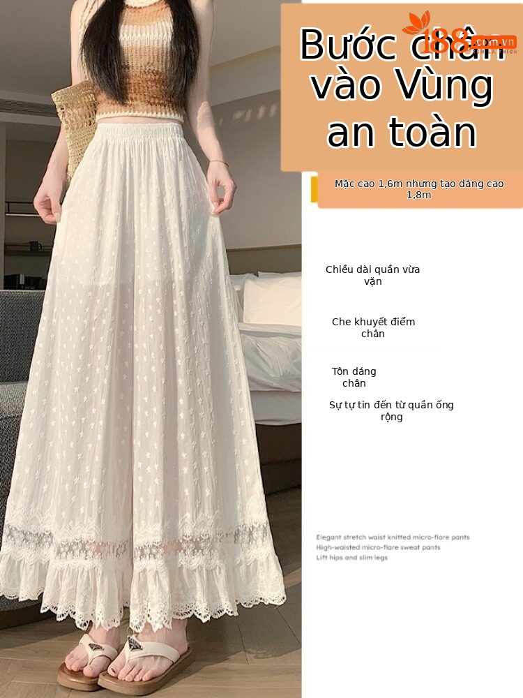Quần culottes nữ ống rộng ren thêu rỗng cạp cao — màu trắng