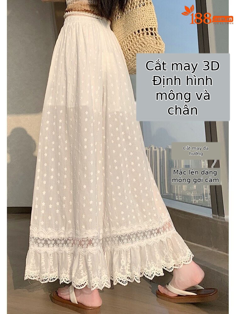 Quần culottes nữ ống rộng ren thêu rỗng cạp cao — màu trắng
