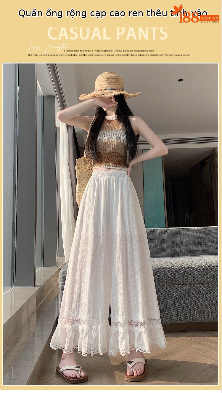 Quần culottes nữ ống rộng ren thêu rỗng cạp cao — màu trắng chi tiết 1