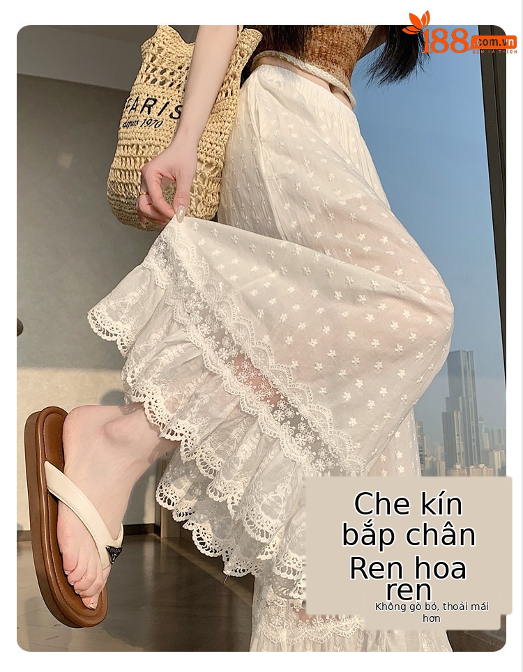 Quần culottes nữ ống rộng ren thêu rỗng cạp cao — màu trắng chi tiết 3