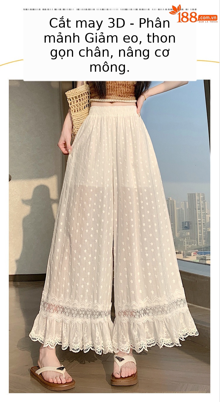 Quần culottes nữ ống rộng ren thêu rỗng cạp cao — màu trắng chi tiết 4