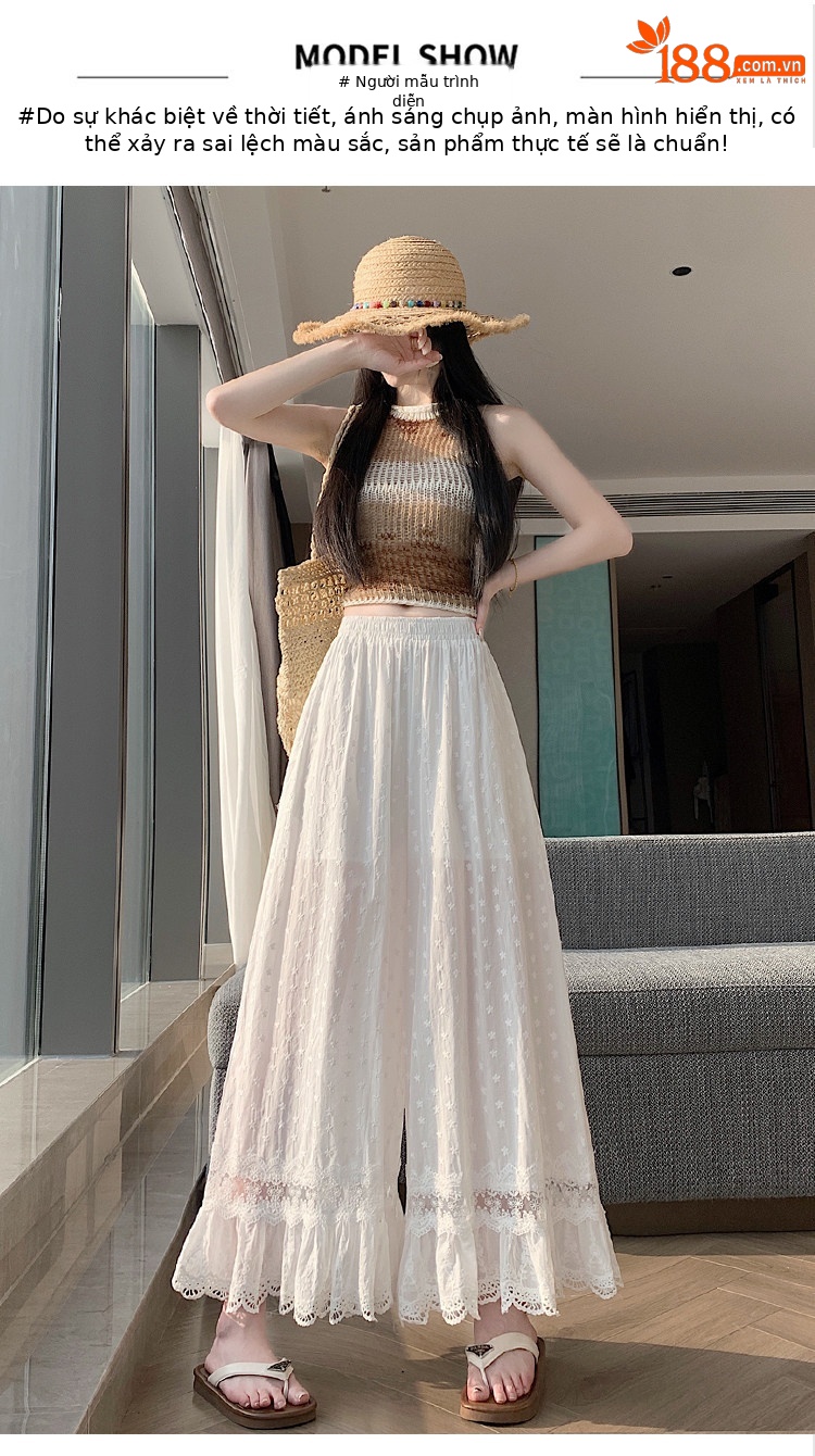 Quần culottes nữ ống rộng ren thêu rỗng cạp cao — màu trắng chi tiết 15