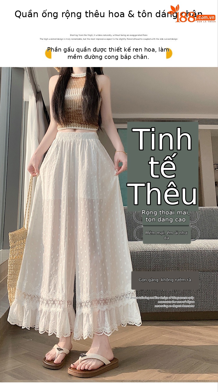 Quần culottes nữ ống rộng ren thêu rỗng cạp cao — màu trắng chi tiết 5