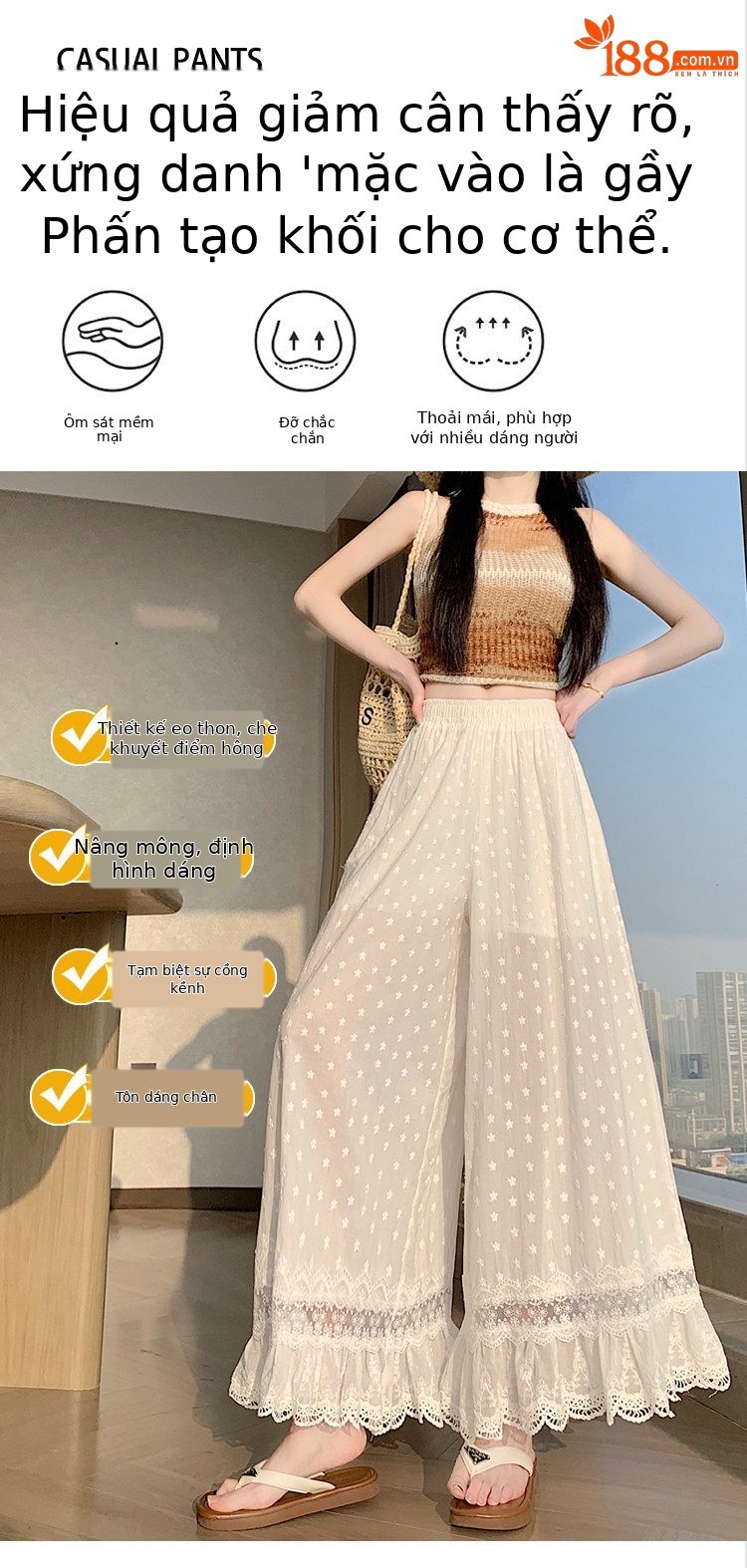 Quần culottes nữ ống rộng ren thêu rỗng cạp cao — màu trắng chi tiết 6