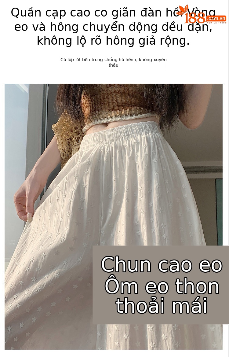 Quần culottes nữ ống rộng ren thêu rỗng cạp cao — màu trắng chi tiết 9