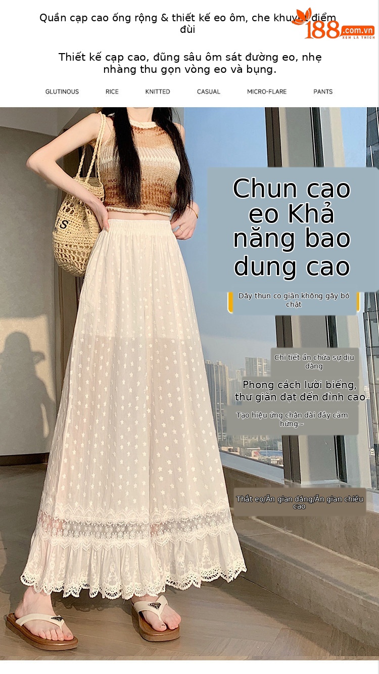 Quần culottes nữ ống rộng ren thêu rỗng cạp cao — màu trắng chi tiết 10