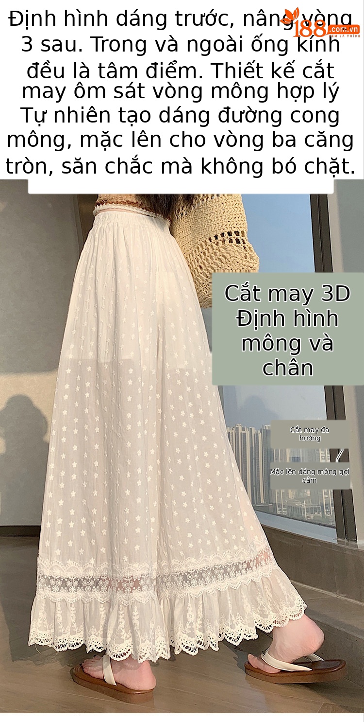 Quần culottes nữ ống rộng ren thêu rỗng cạp cao — màu trắng chi tiết 11