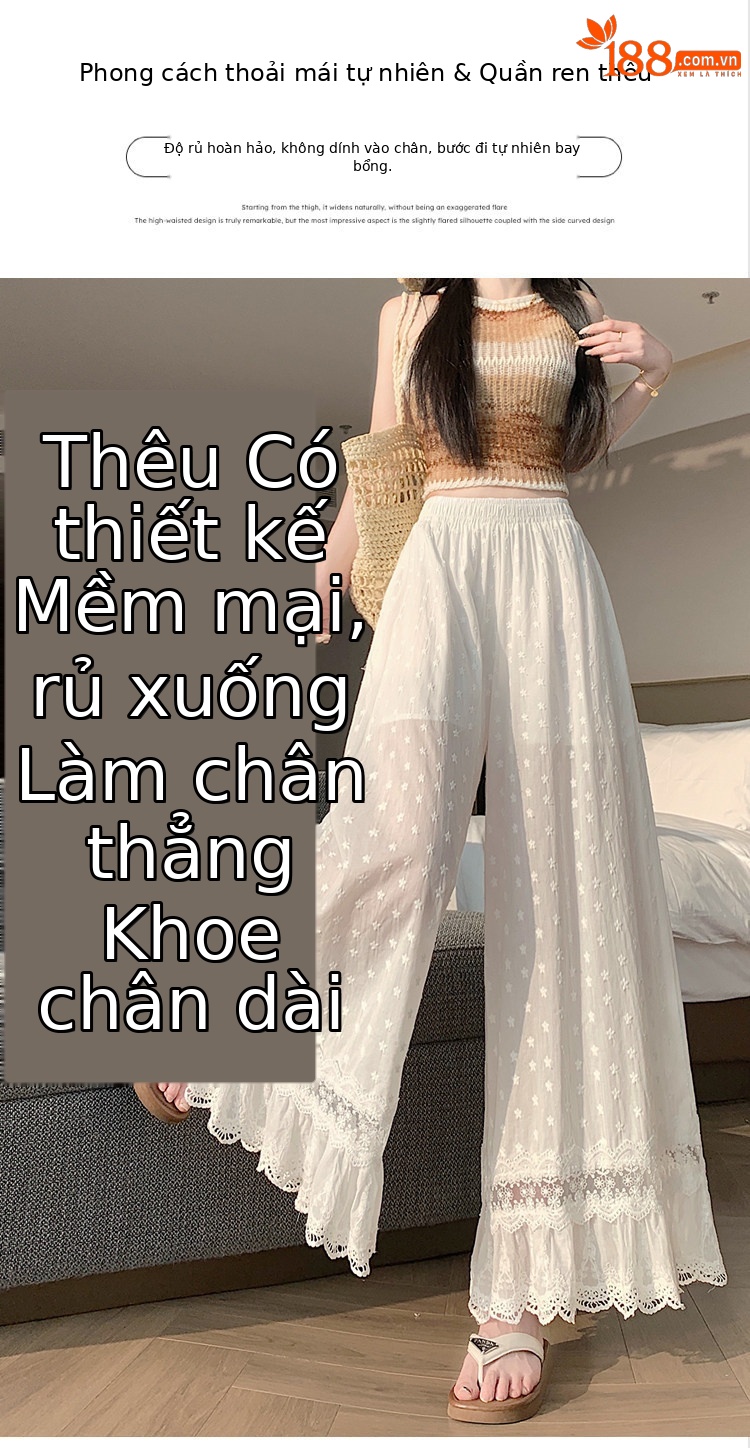 Quần culottes nữ ống rộng ren thêu rỗng cạp cao — màu trắng chi tiết 12