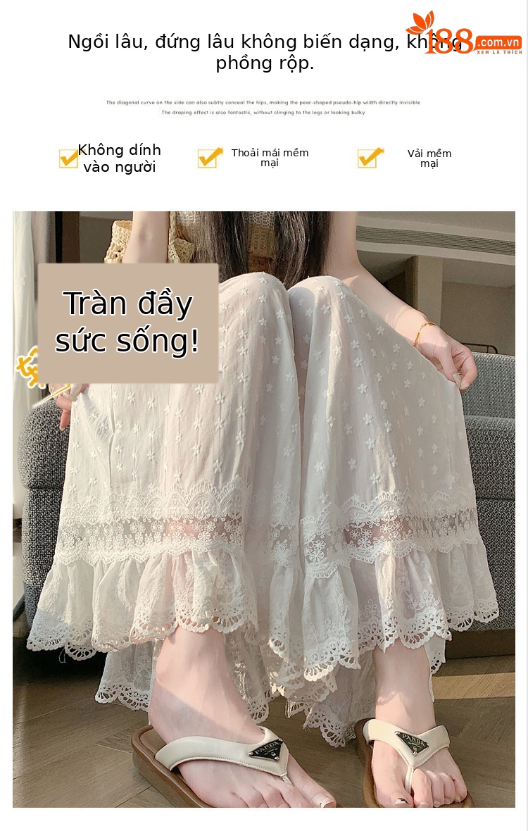 Quần culottes nữ ống rộng ren thêu rỗng cạp cao — màu trắng chi tiết 13