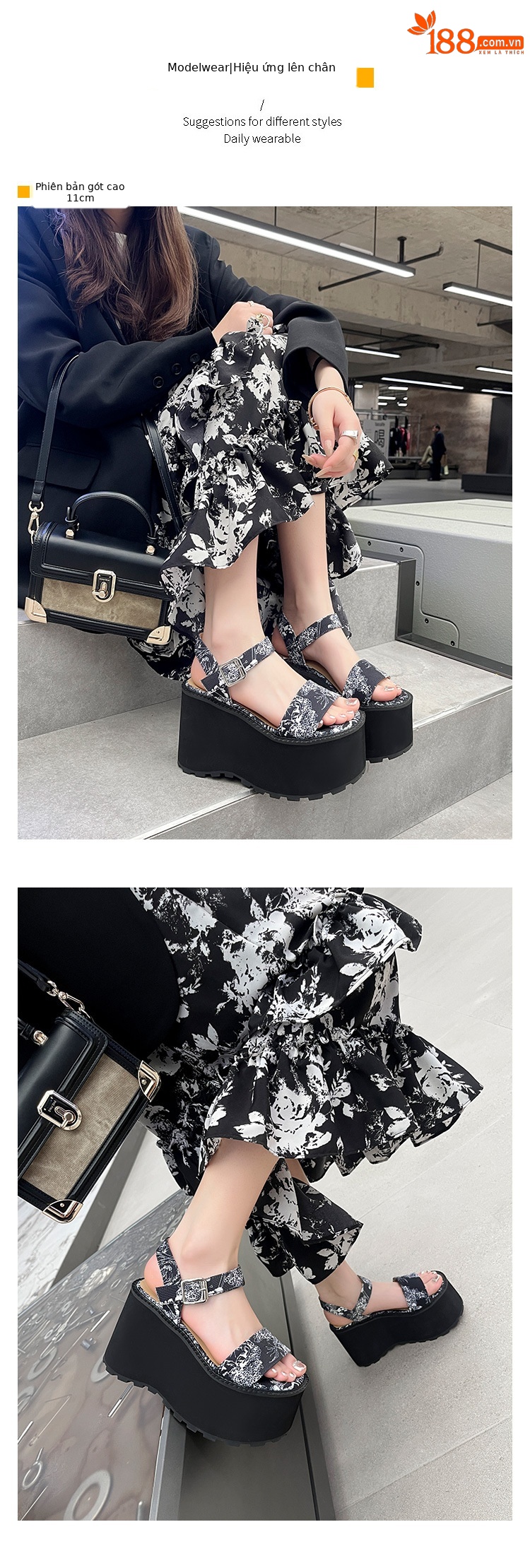Sandal cao gót nữ phong cách Trung Hoa đế xuồng hở mũi quai ngang — Đen 11cm, Trắng 11cm, Trắng 9cm, Đen 9cm chi tiết 7