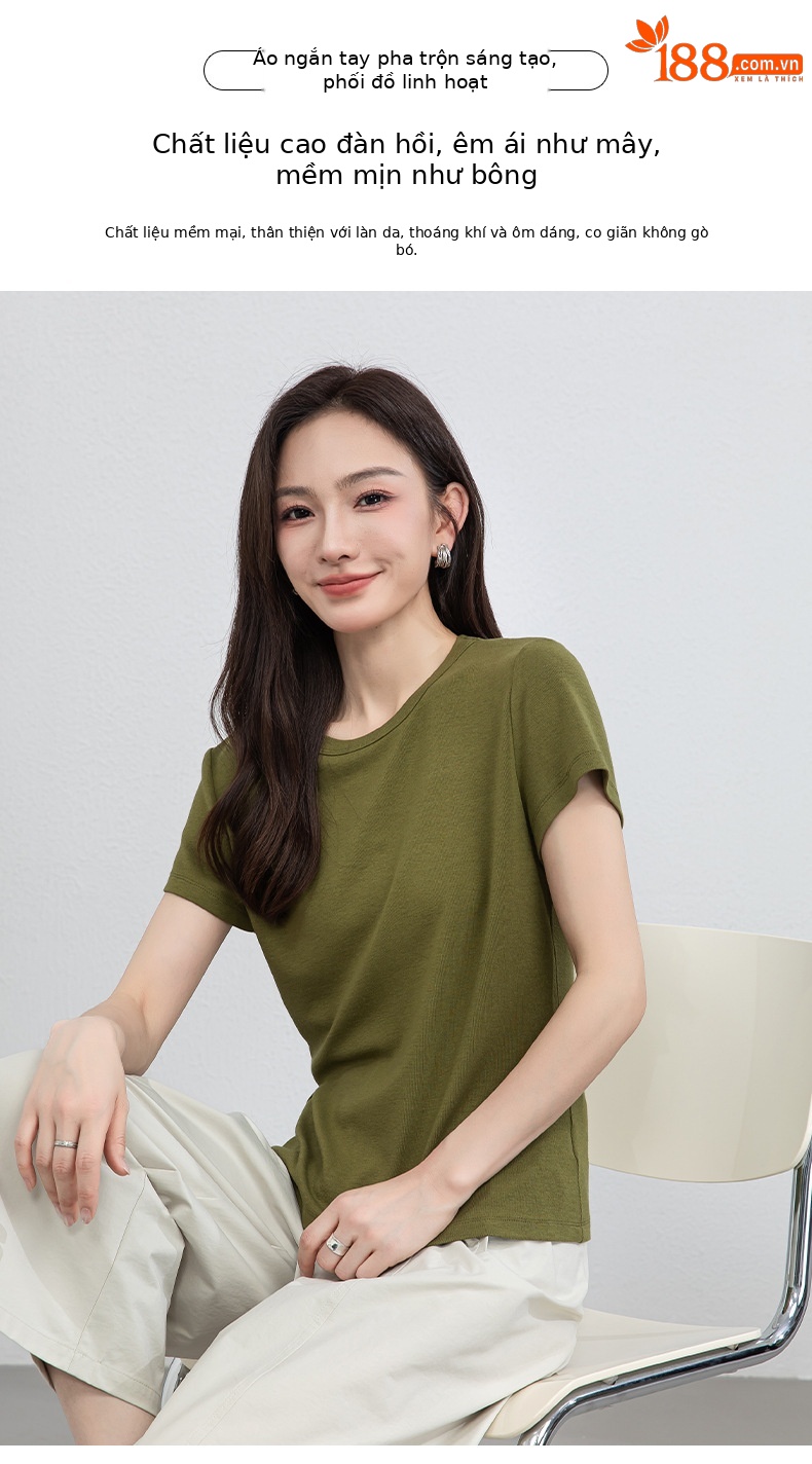 Áo thun nữ cổ tròn tay ngắn chất liệu co giãn cao, cảm giác mềm mại như mây, che khuyết điểm tạo dáng thon gọn — màu xanh navy chi tiết 1