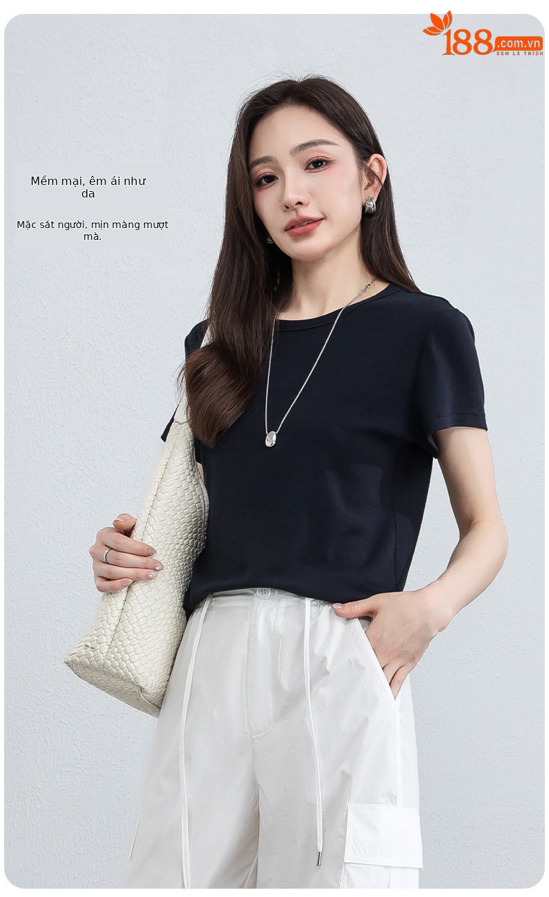 Áo thun nữ cổ tròn tay ngắn chất liệu co giãn cao, cảm giác mềm mại như mây, che khuyết điểm tạo dáng thon gọn — màu xanh navy chi tiết 15
