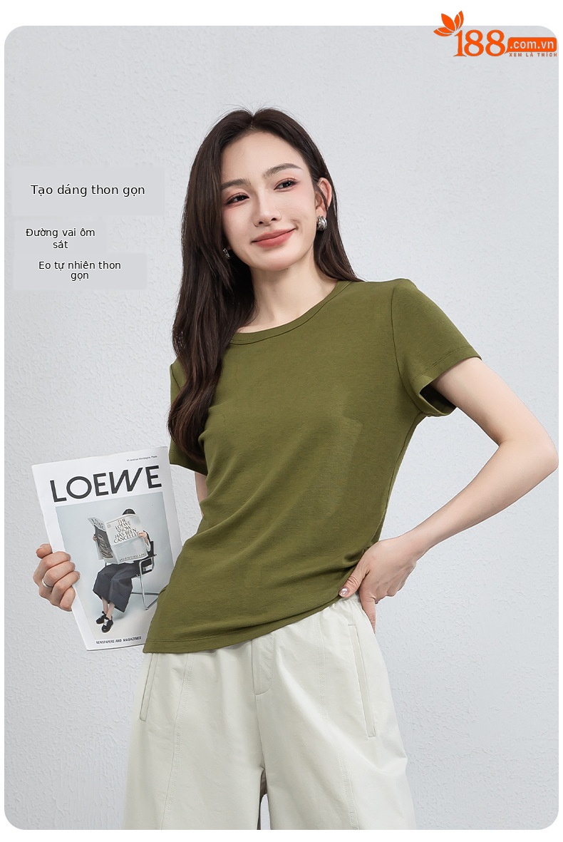 Áo thun nữ cổ tròn tay ngắn chất liệu co giãn cao, cảm giác mềm mại như mây, che khuyết điểm tạo dáng thon gọn — màu xanh navy chi tiết 16