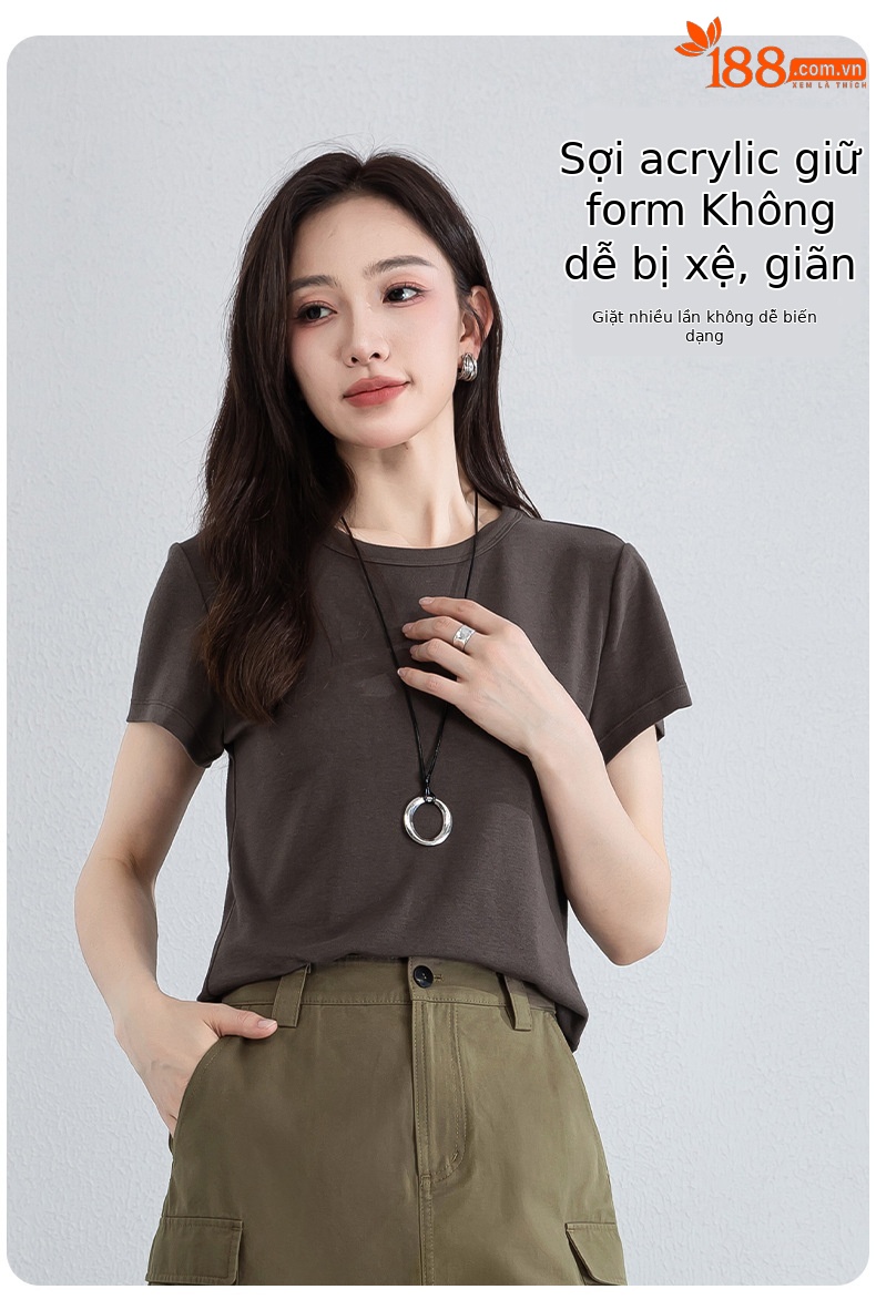Áo thun nữ cổ tròn tay ngắn chất liệu co giãn cao, cảm giác mềm mại như mây, che khuyết điểm tạo dáng thon gọn — màu xanh navy chi tiết 17