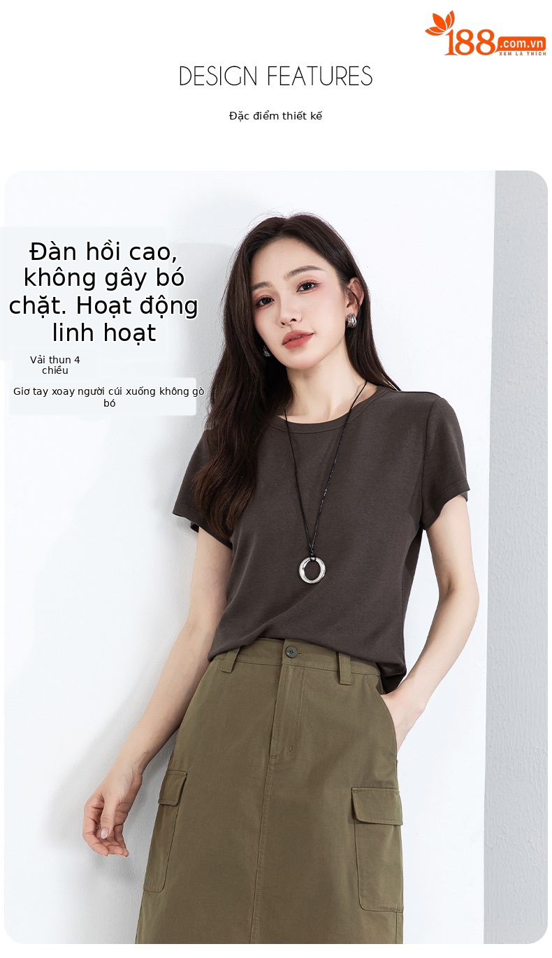 Áo thun nữ cổ tròn tay ngắn chất liệu co giãn cao, cảm giác mềm mại như mây, che khuyết điểm tạo dáng thon gọn — màu xanh navy chi tiết 12