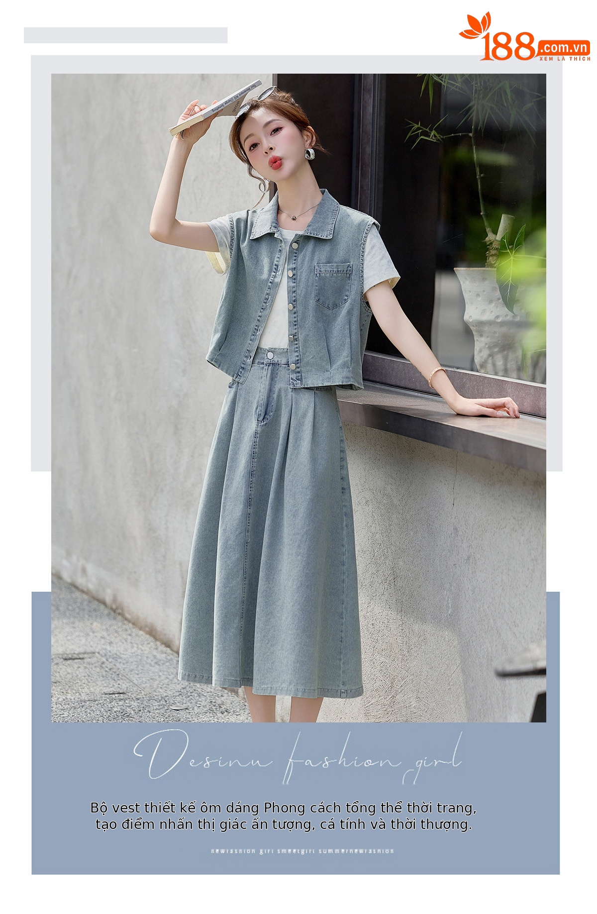 Bộ ba món thời trang nữ hè 2026: áo thun + áo khoác vest denim + chân váy midi — màu xanh nhạt, màu xanh đậm chi tiết 3