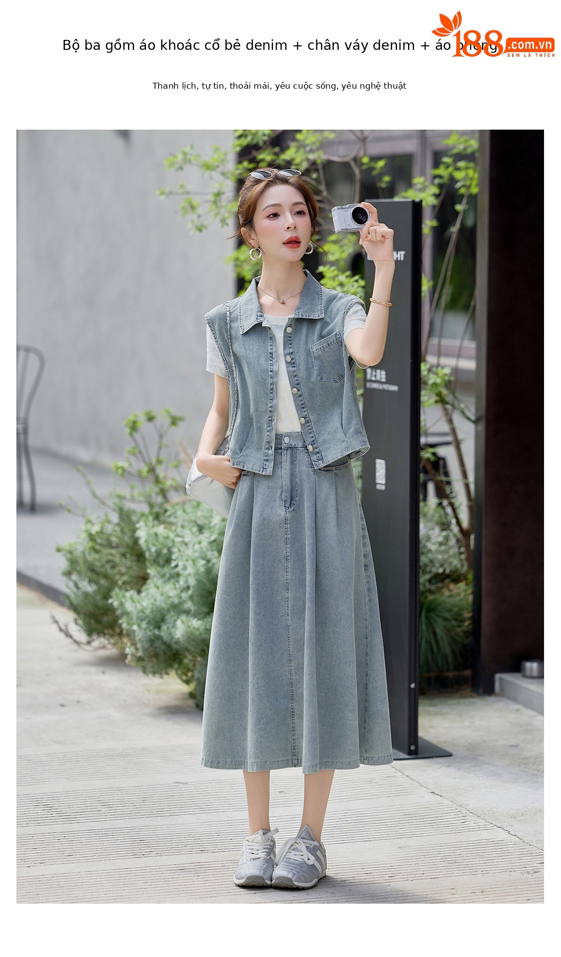 Bộ ba món thời trang nữ hè 2026: áo thun + áo khoác vest denim + chân váy midi — màu xanh nhạt, màu xanh đậm chi tiết 4