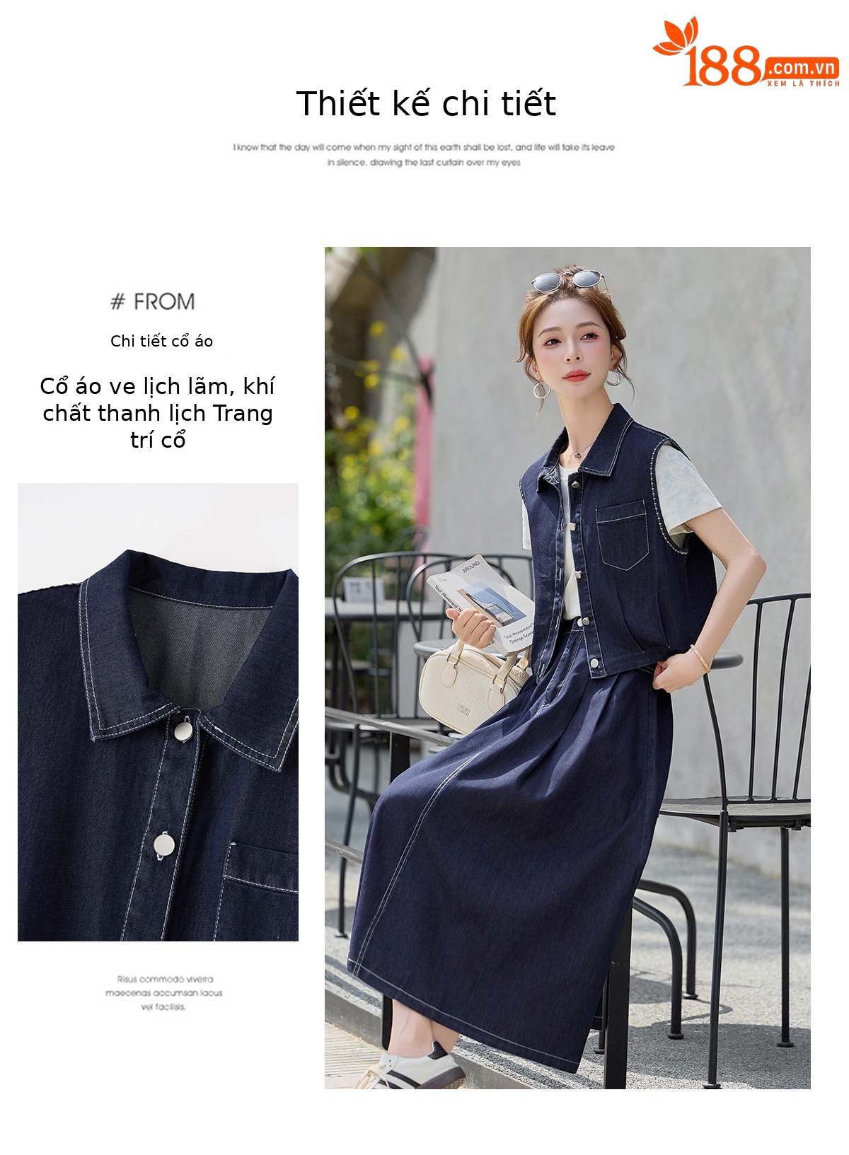 Bộ ba món thời trang nữ hè 2026: áo thun + áo khoác vest denim + chân váy midi — màu xanh nhạt, màu xanh đậm chi tiết 5