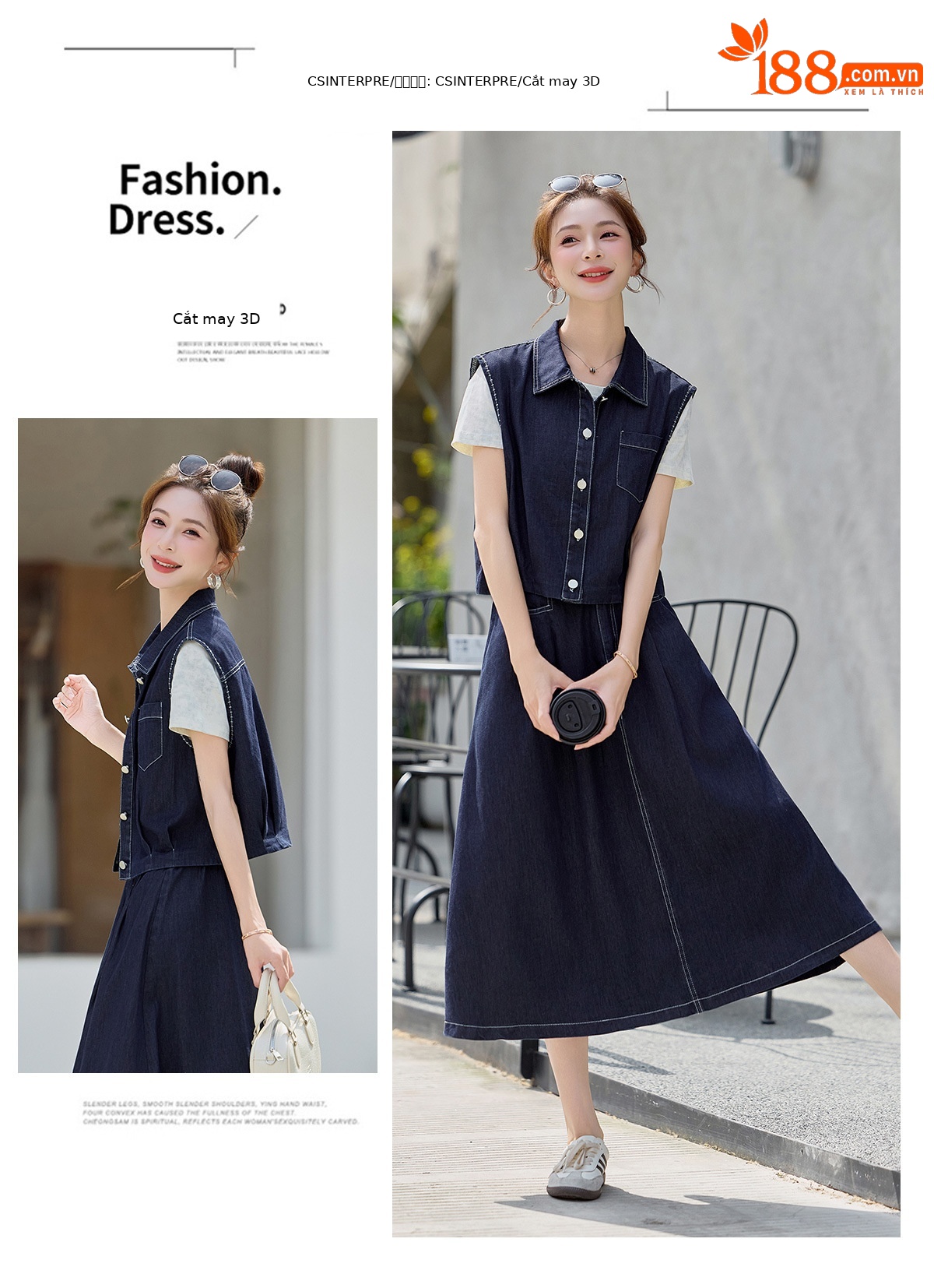 Bộ ba món thời trang nữ hè 2026: áo thun + áo khoác vest denim + chân váy midi — màu xanh nhạt, màu xanh đậm chi tiết 8