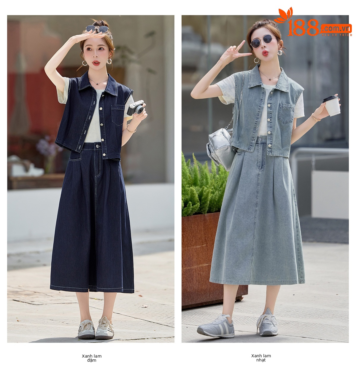 Bộ ba món thời trang nữ hè 2026: áo thun + áo khoác vest denim + chân váy midi — màu xanh nhạt, màu xanh đậm chi tiết 10