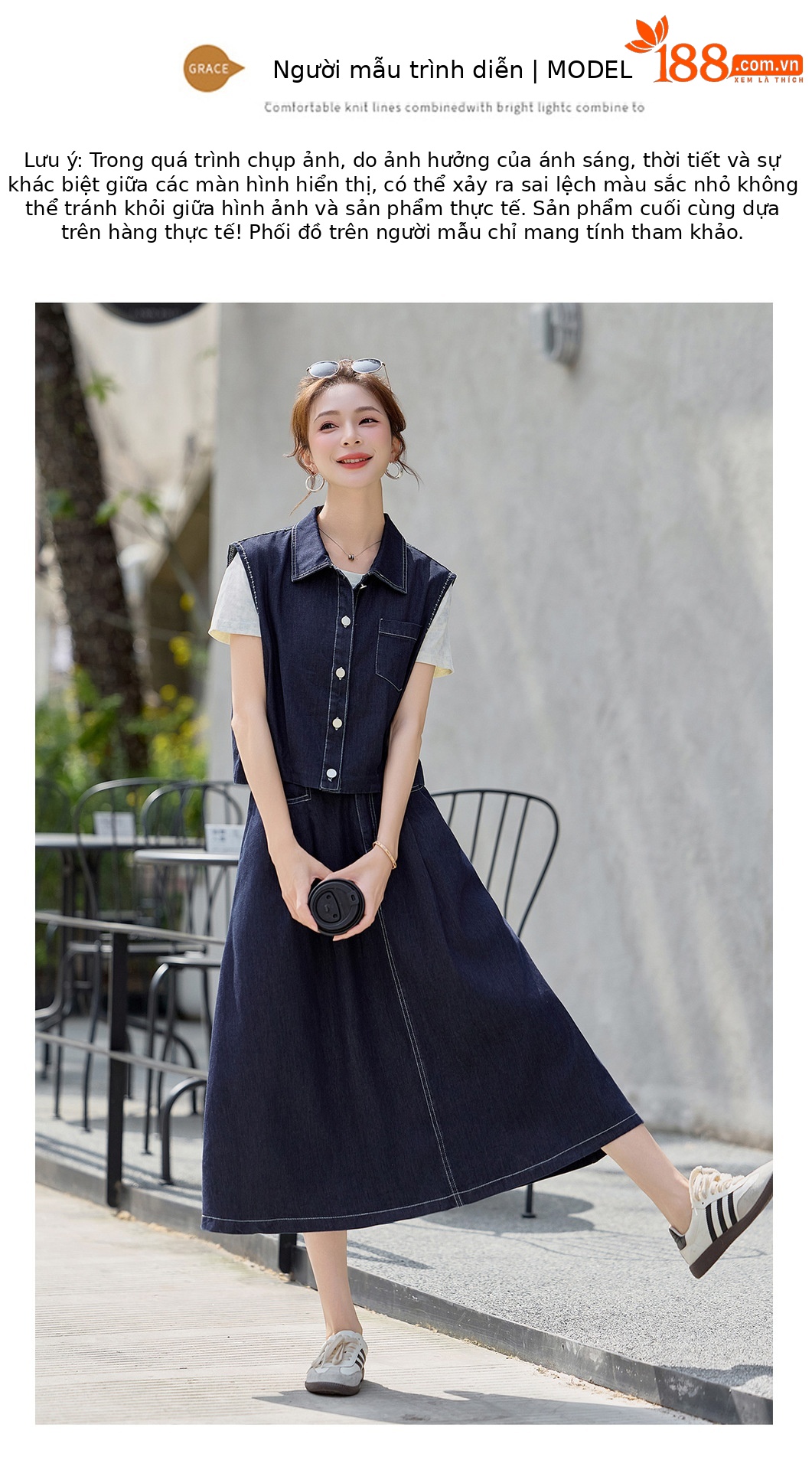 Bộ ba món thời trang nữ hè 2026: áo thun + áo khoác vest denim + chân váy midi — màu xanh nhạt, màu xanh đậm chi tiết 11