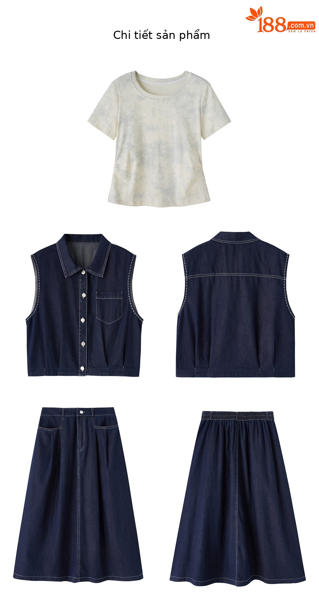 Bộ ba món thời trang nữ hè 2026: áo thun + áo khoác vest denim + chân váy midi — màu xanh nhạt, màu xanh đậm chi tiết 23