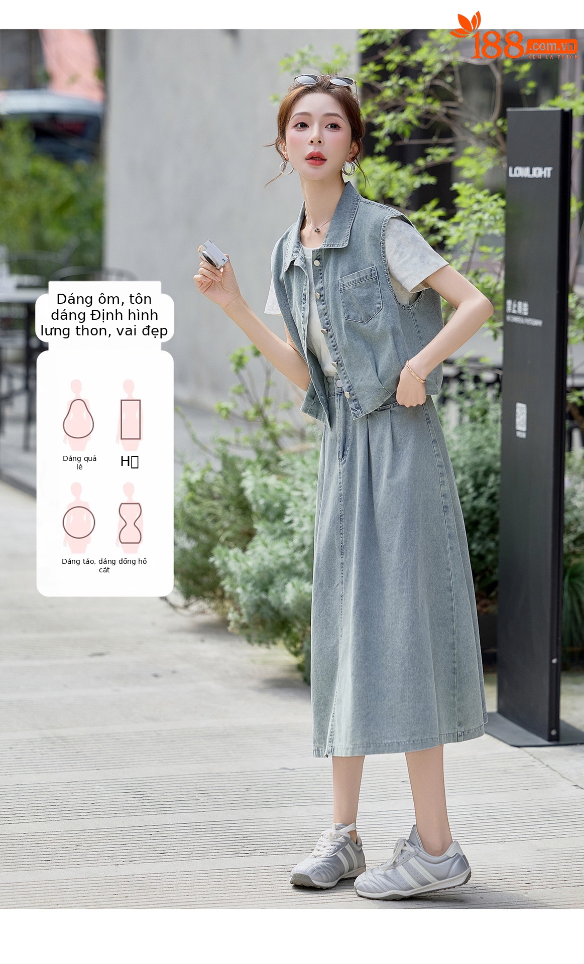 Bộ ba món thời trang nữ hè 2026: áo thun + áo khoác vest denim + chân váy midi — màu xanh nhạt, màu xanh đậm chi tiết 7