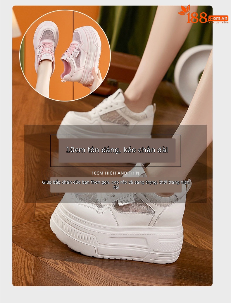 Giày platform nữ đế xuồng trắng thoáng khí, gót siêu cao 8 cm, mũi tròn, dây buộc phía trước — Xanh dương, Hồng, Xám, Trắng chi tiết 12