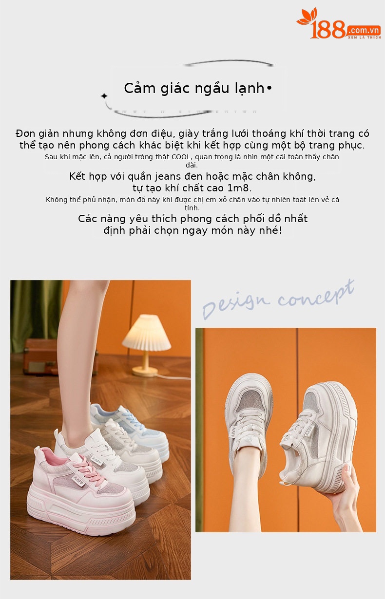 Giày platform nữ đế xuồng trắng thoáng khí, gót siêu cao 8 cm, mũi tròn, dây buộc phía trước — Xanh dương, Hồng, Xám, Trắng chi tiết 5