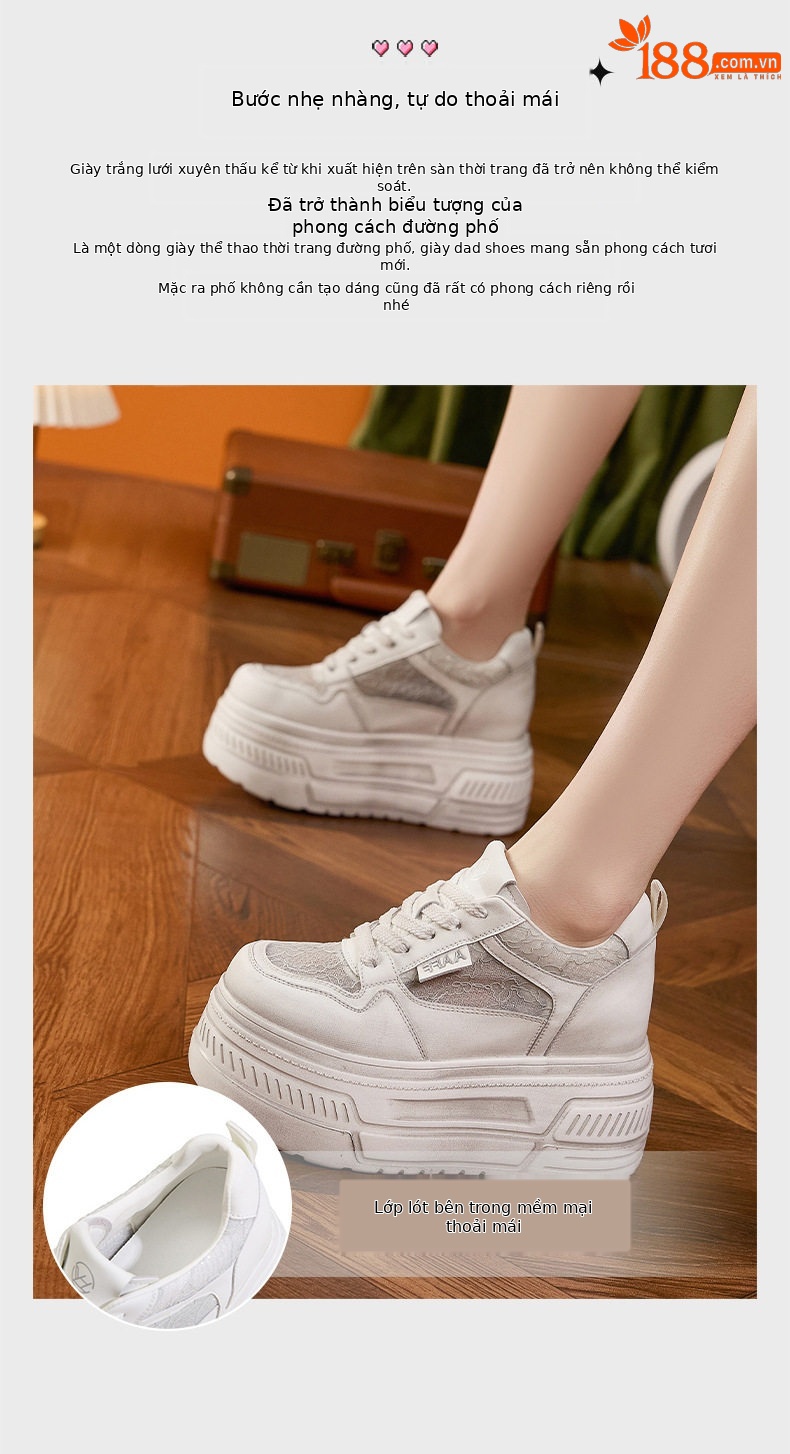Giày platform nữ đế xuồng trắng thoáng khí, gót siêu cao 8 cm, mũi tròn, dây buộc phía trước — Xanh dương, Hồng, Xám, Trắng chi tiết 6