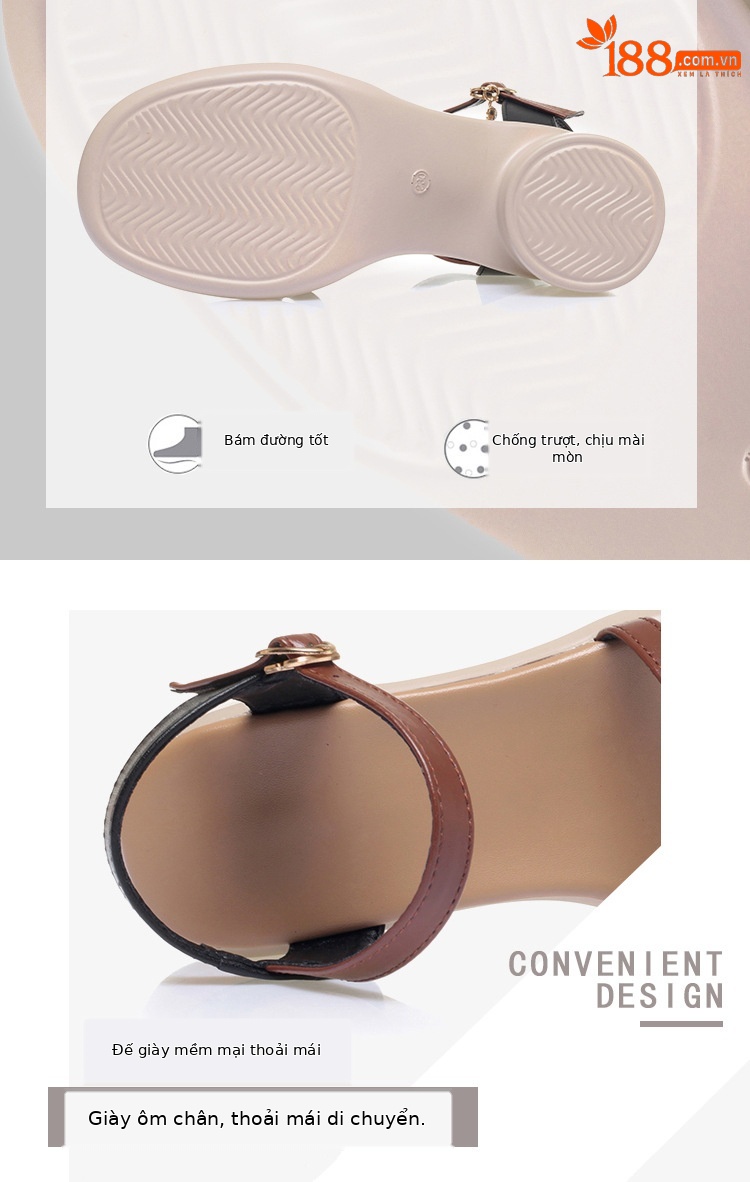 Sandal nữ quai ngang một dây gót vuông thấp đế mềm phối màu — màu đen chi tiết 5