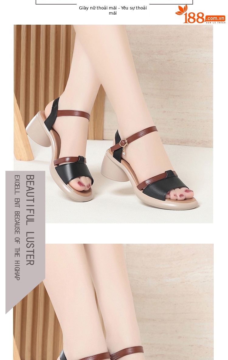 Sandal nữ quai ngang một dây gót vuông thấp đế mềm phối màu — màu đen chi tiết 7