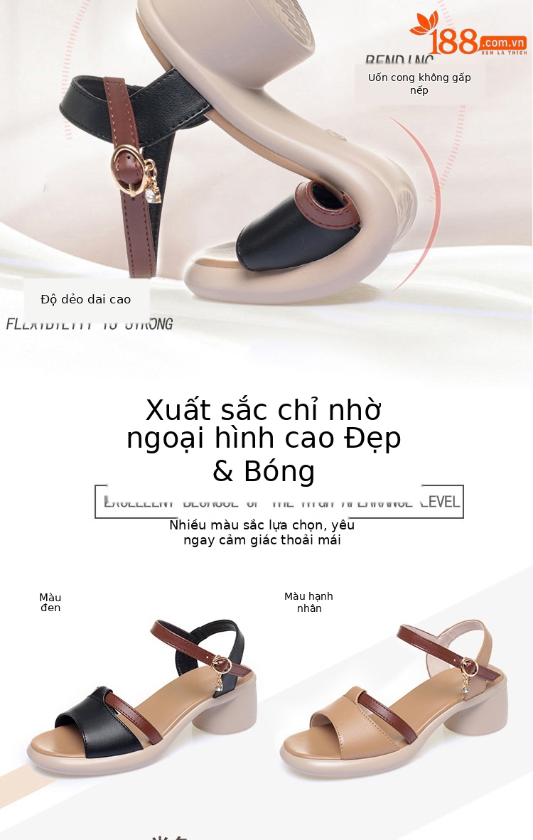 Sandal nữ quai ngang một dây gót vuông thấp đế mềm phối màu — màu đen chi tiết 2