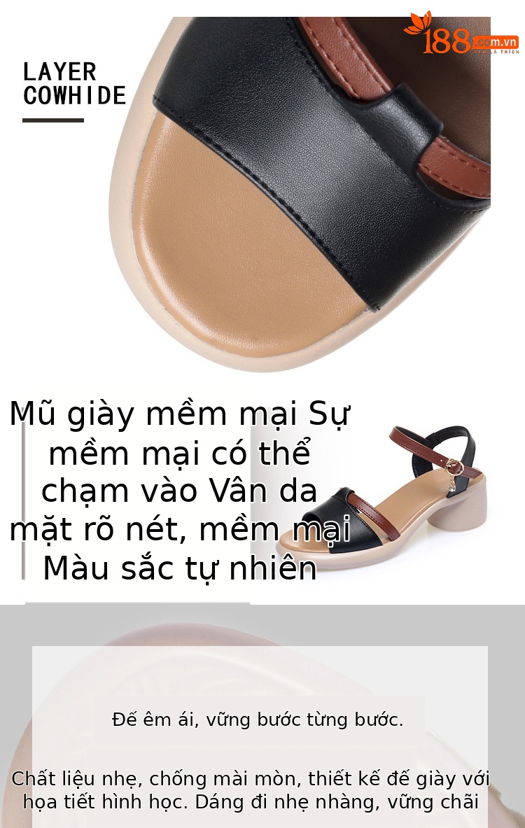 Sandal nữ quai ngang một dây gót vuông thấp đế mềm phối màu — màu đen chi tiết 4