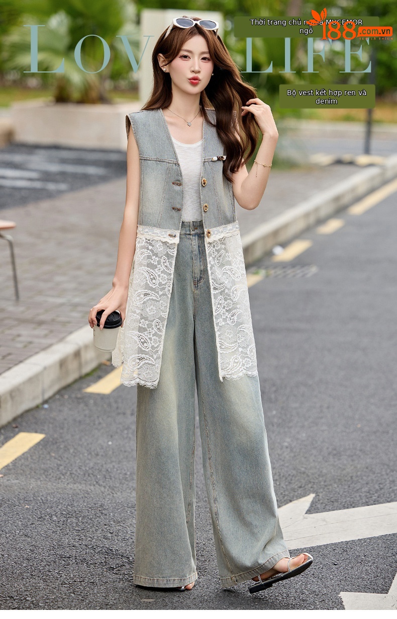 Bộ quần áo denim nữ gồm áo vest không tay và quần ống rộng AH8620 — Màu ảnh chi tiết 1
