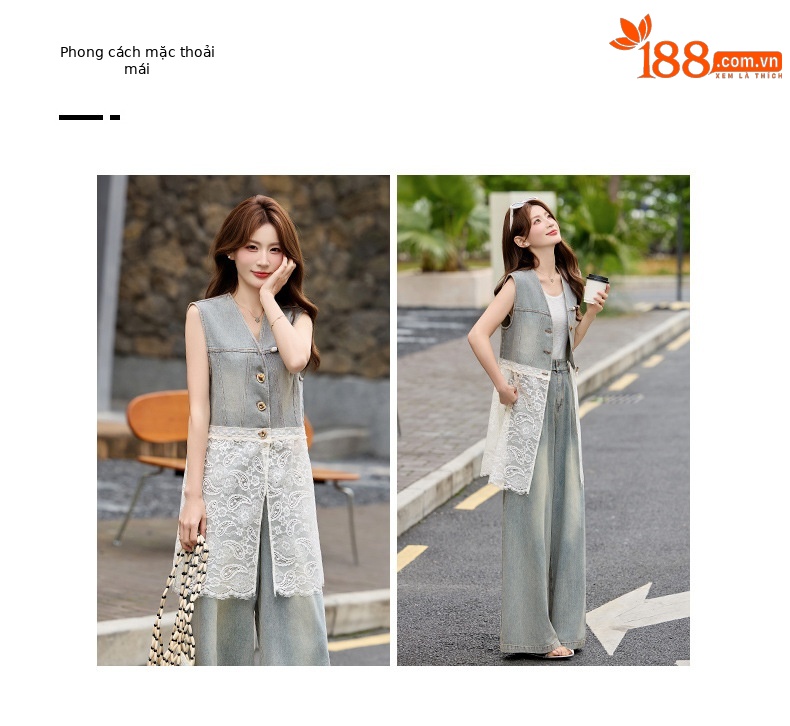 Bộ quần áo denim nữ gồm áo vest không tay và quần ống rộng AH8620 — Màu ảnh chi tiết 2