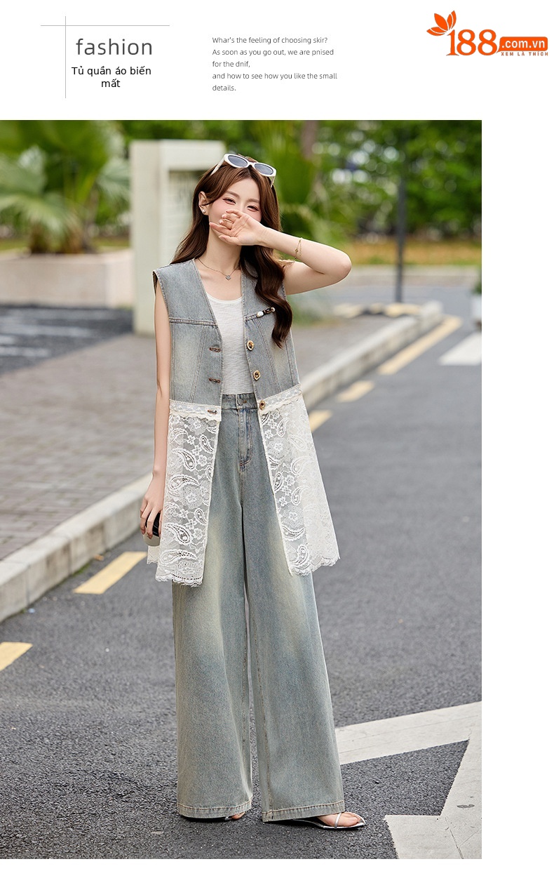 Bộ quần áo denim nữ gồm áo vest không tay và quần ống rộng AH8620 — Màu ảnh chi tiết 17