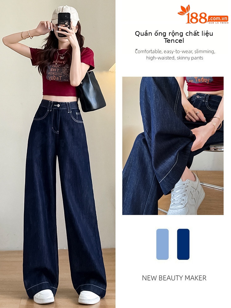 Quần jean nữ ống rộng cạp cao dáng suông vải Tencel mỏng mùa hè — Màu tannin - kéo dài