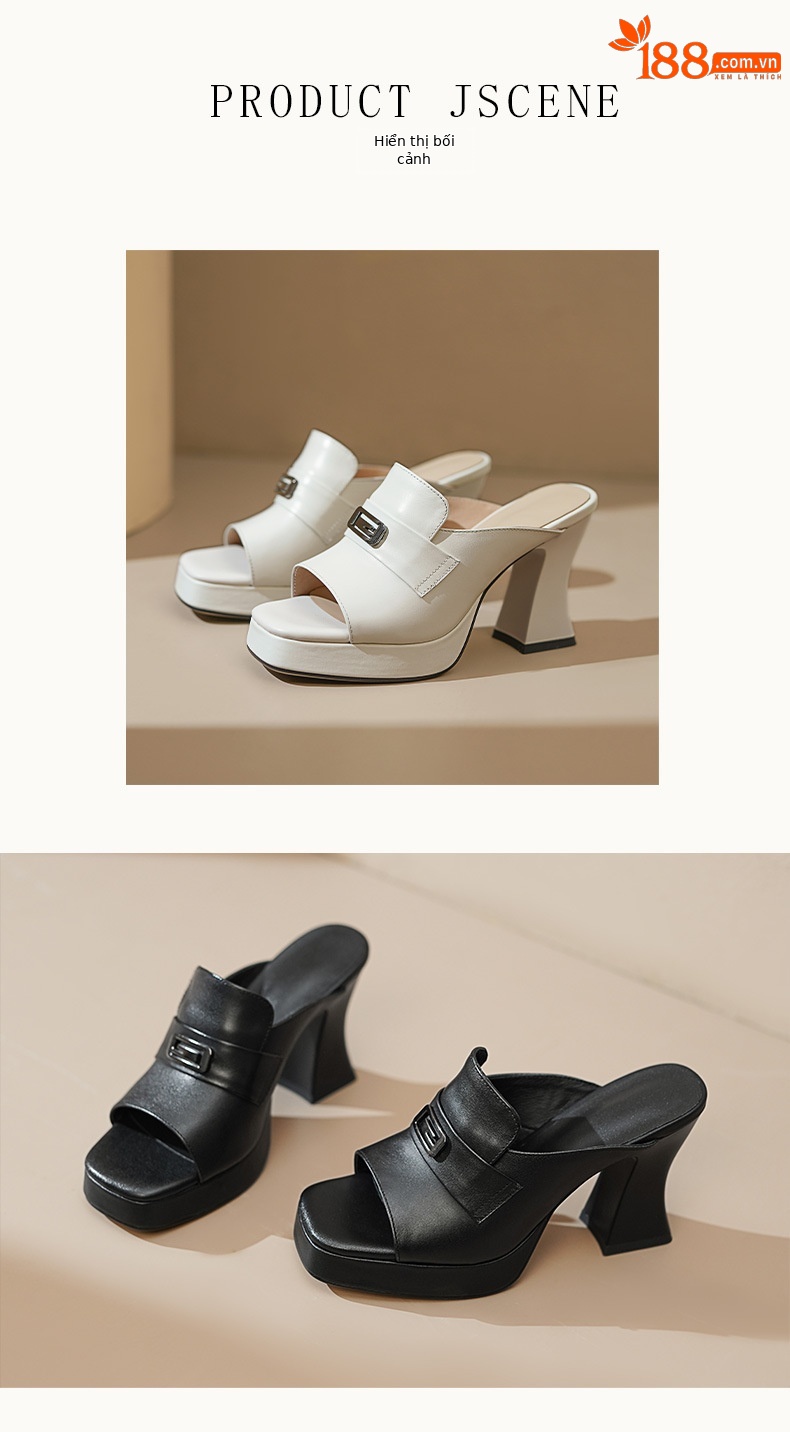 Sandal cao gót nữ mũi vuông hở mũi, gót 9 cm, đế xuồng dày, chất da thật — Da bò trắng kem, Da cừu lộn đen, Da bò đen chi tiết 5