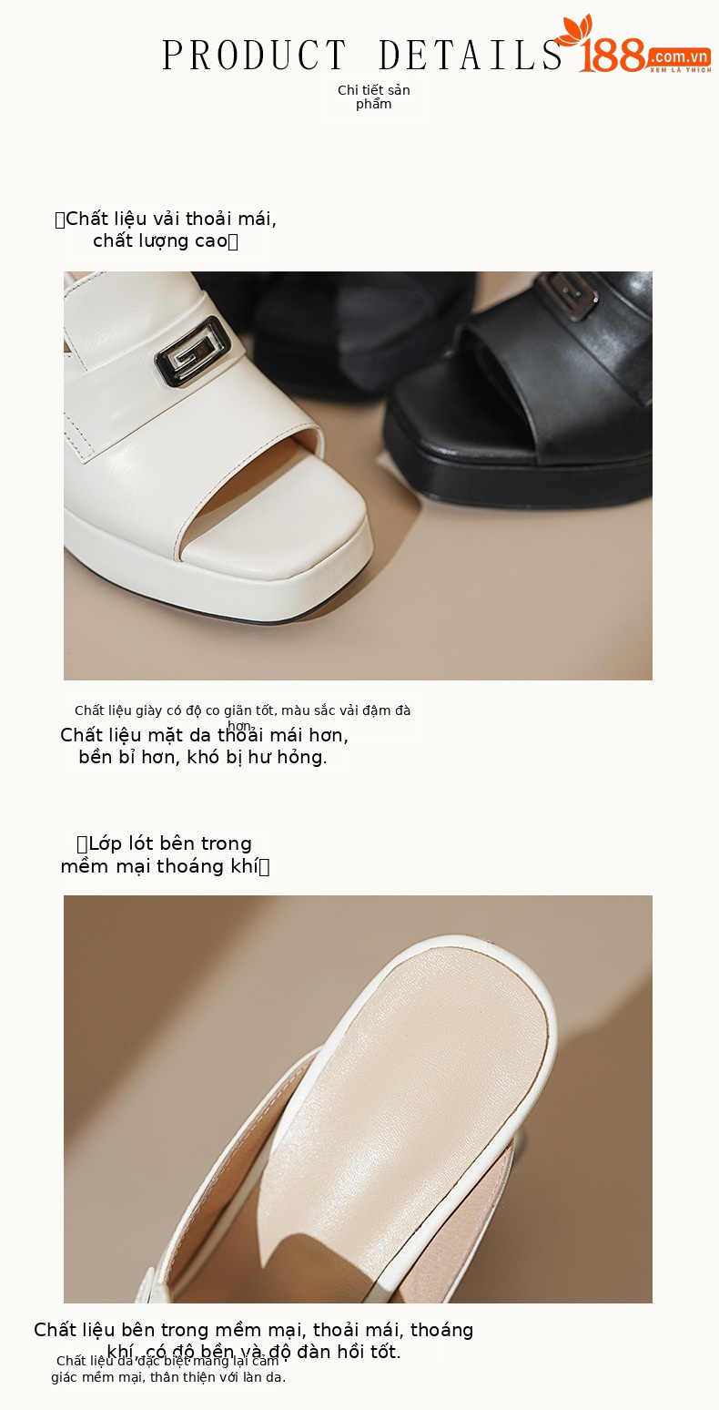 Sandal cao gót nữ mũi vuông hở mũi, gót 9 cm, đế xuồng dày, chất da thật — Da bò trắng kem, Da cừu lộn đen, Da bò đen chi tiết 7