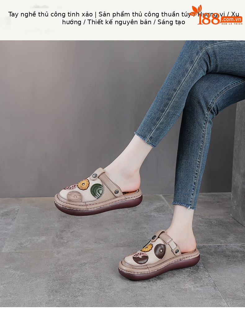 Dép sandal nữ da thật mũi kín quai ngang đế dày phong cách dân tộc hai cách mang — màu trắng ngà chi tiết 1