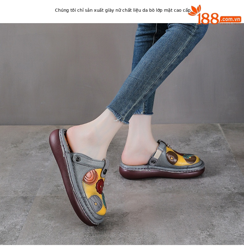Dép sandal nữ da thật mũi kín quai ngang đế dày phong cách dân tộc hai cách mang — màu trắng ngà chi tiết 2