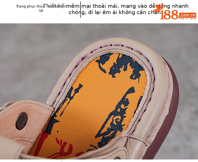 Dép sandal nữ da thật mũi kín quai ngang đế dày phong cách dân tộc hai cách mang — màu trắng ngà chi tiết 6