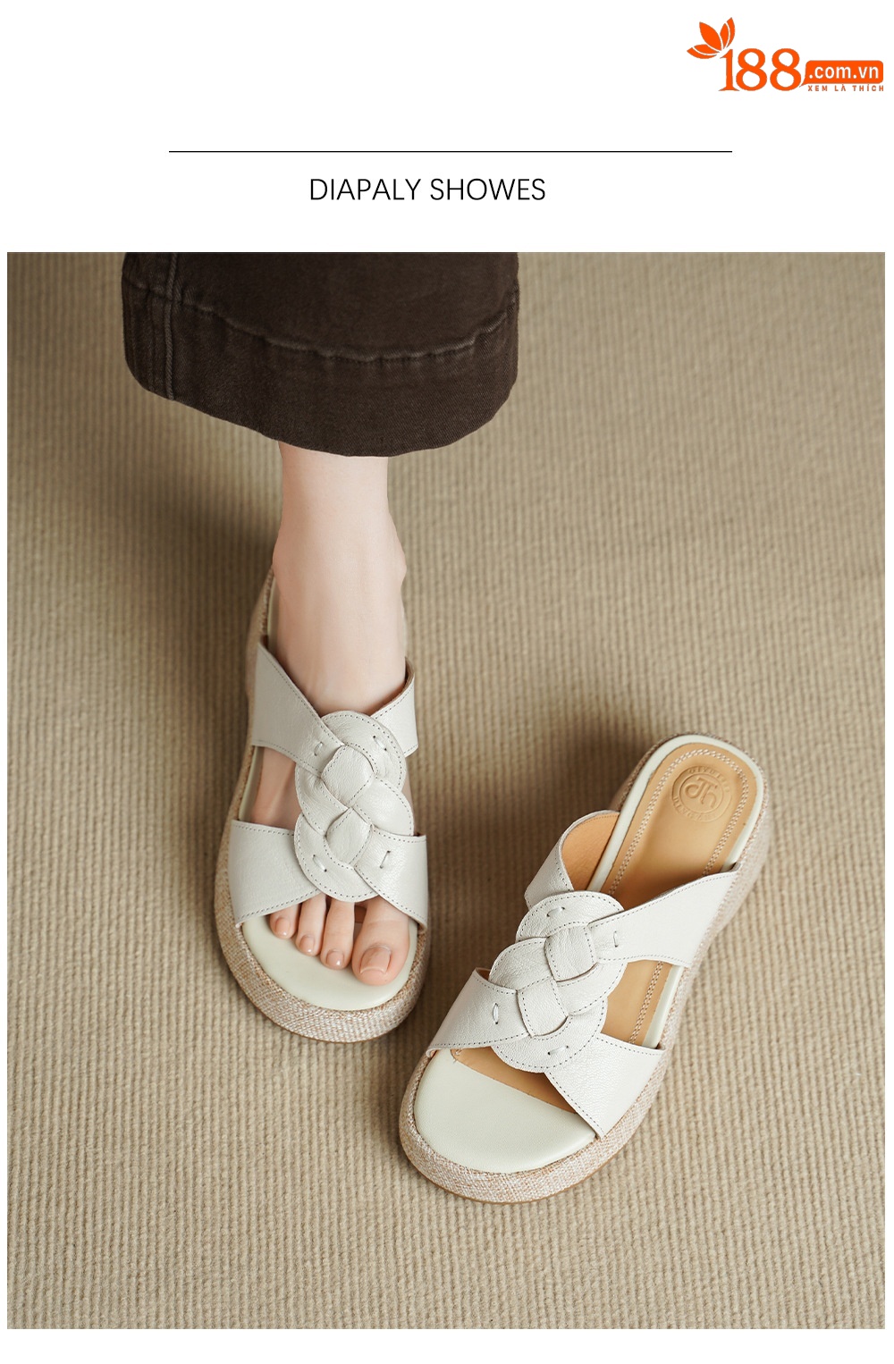 Sandal nữ da cừu gót xuồng hở mũi phong cách vintage — màu trắng ngà chi tiết 2