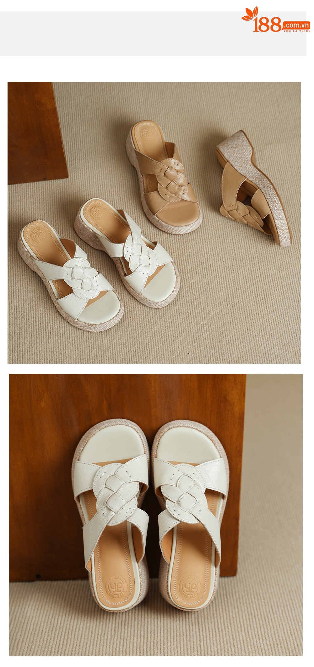 Sandal nữ da cừu gót xuồng hở mũi phong cách vintage — màu trắng ngà chi tiết 9