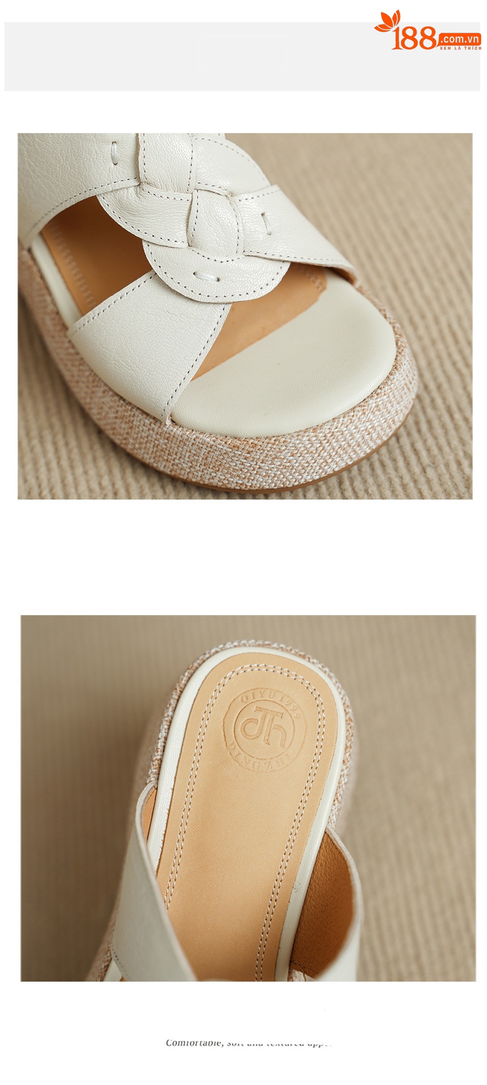 Sandal nữ da cừu gót xuồng hở mũi phong cách vintage — màu trắng ngà chi tiết 12