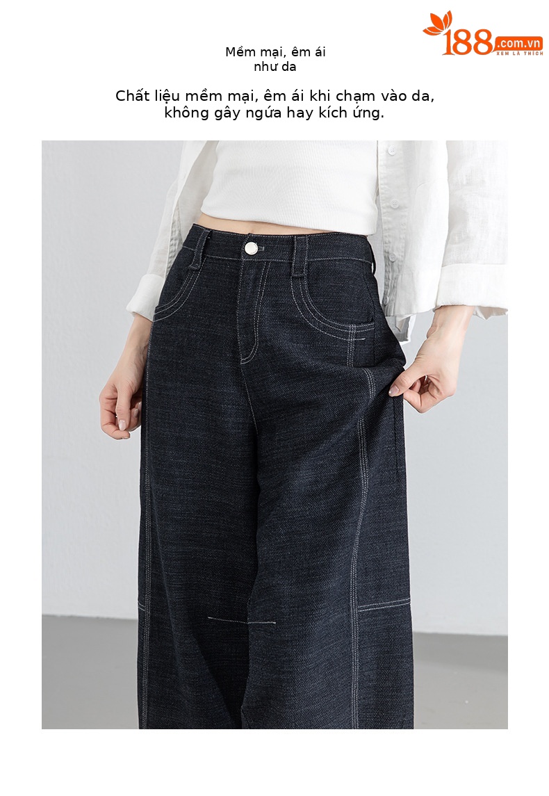 Quần jean nữ ống rộng eo cao vải linen mát mẻ phong cách cổ điển — xanh lam chi tiết 4