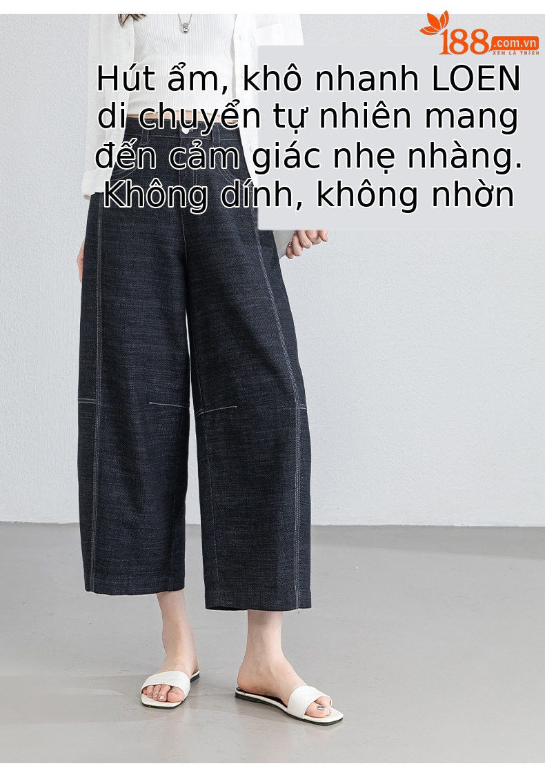 Quần jean nữ ống rộng eo cao vải linen mát mẻ phong cách cổ điển — xanh lam chi tiết 6